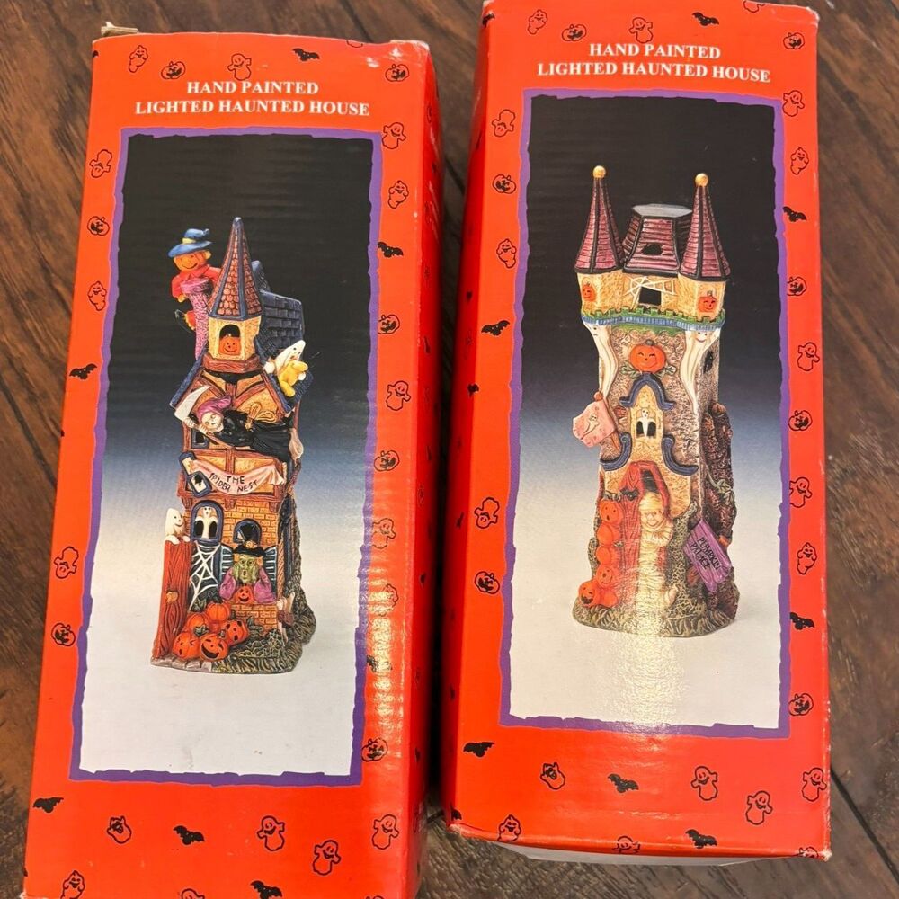 Lot 2 Vintage 90s Hand Painted Halloween Lighted Haunted House Ceramic Figures